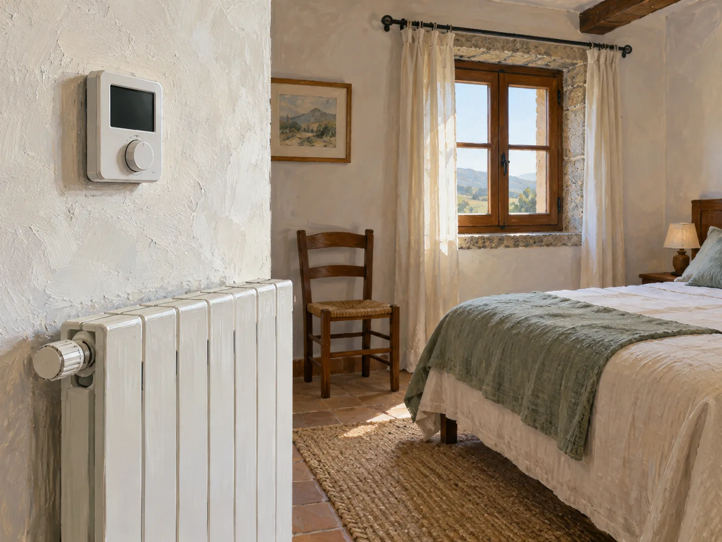 Ilustración de una habitación rural con termostato y radiador