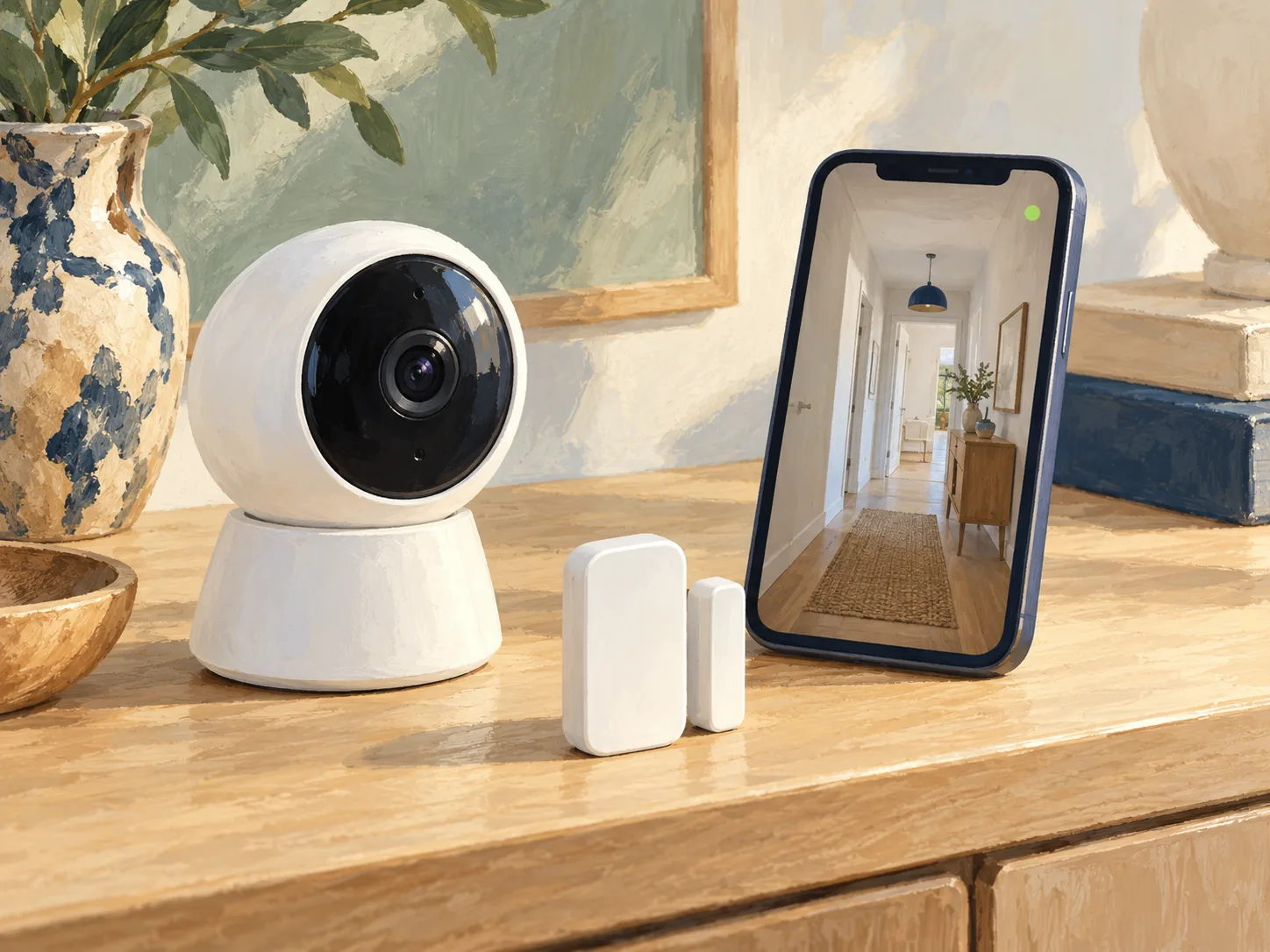 Ilustración de una cámara de seguridad, un sensor de apertura y un móvil para consultar la vivienda