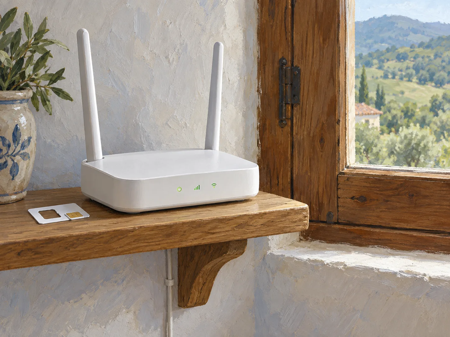 Ilustración de un router 4G y una tarjeta SIM junto a una ventana de una vivienda rural
