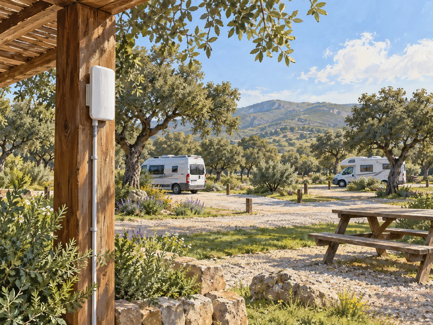 Ilustración de un punto de acceso Wi-Fi exterior instalado en un camping